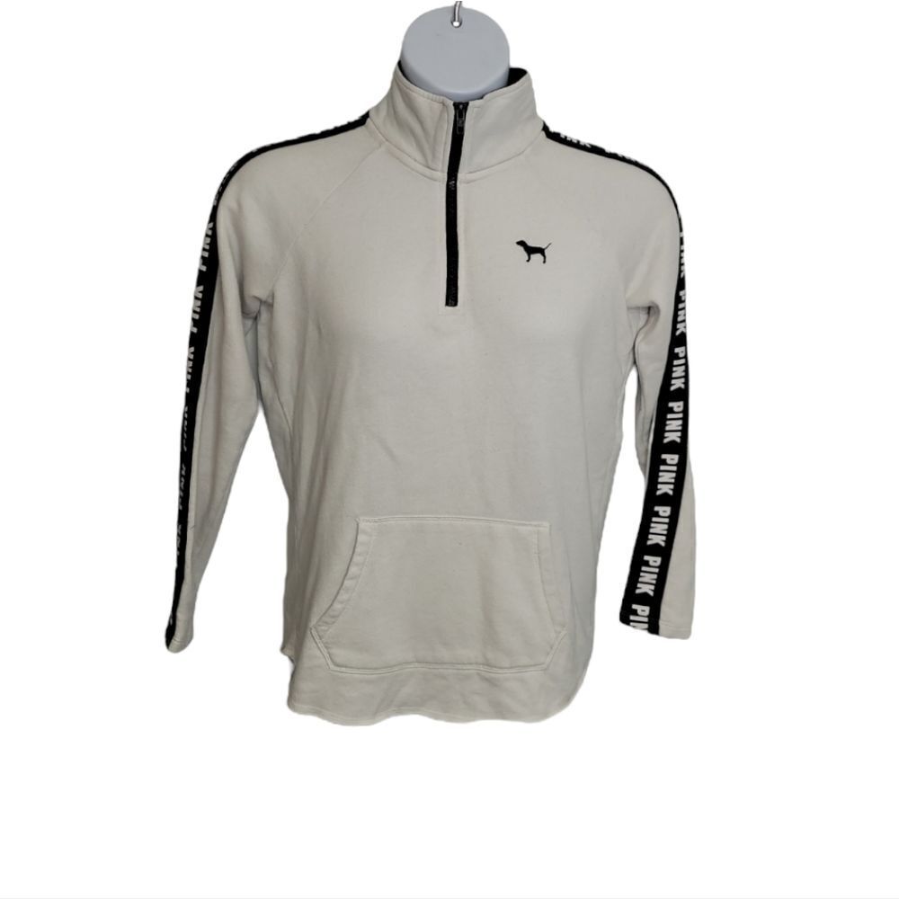 VS PINK sweatshirt‎ white quarter zip spellout logo sleeves loose S